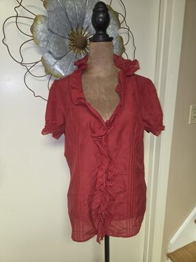 GAP Ruffle-Front Red Short-Sleeve Blouse